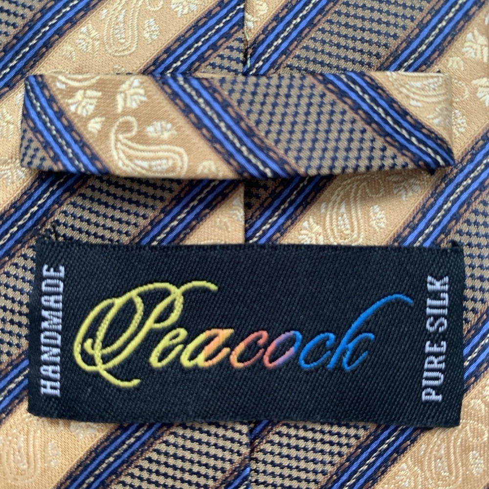 Peacock Tie Men's 100%‎ Silk Handmade Stripe Gold Blue 3.25"